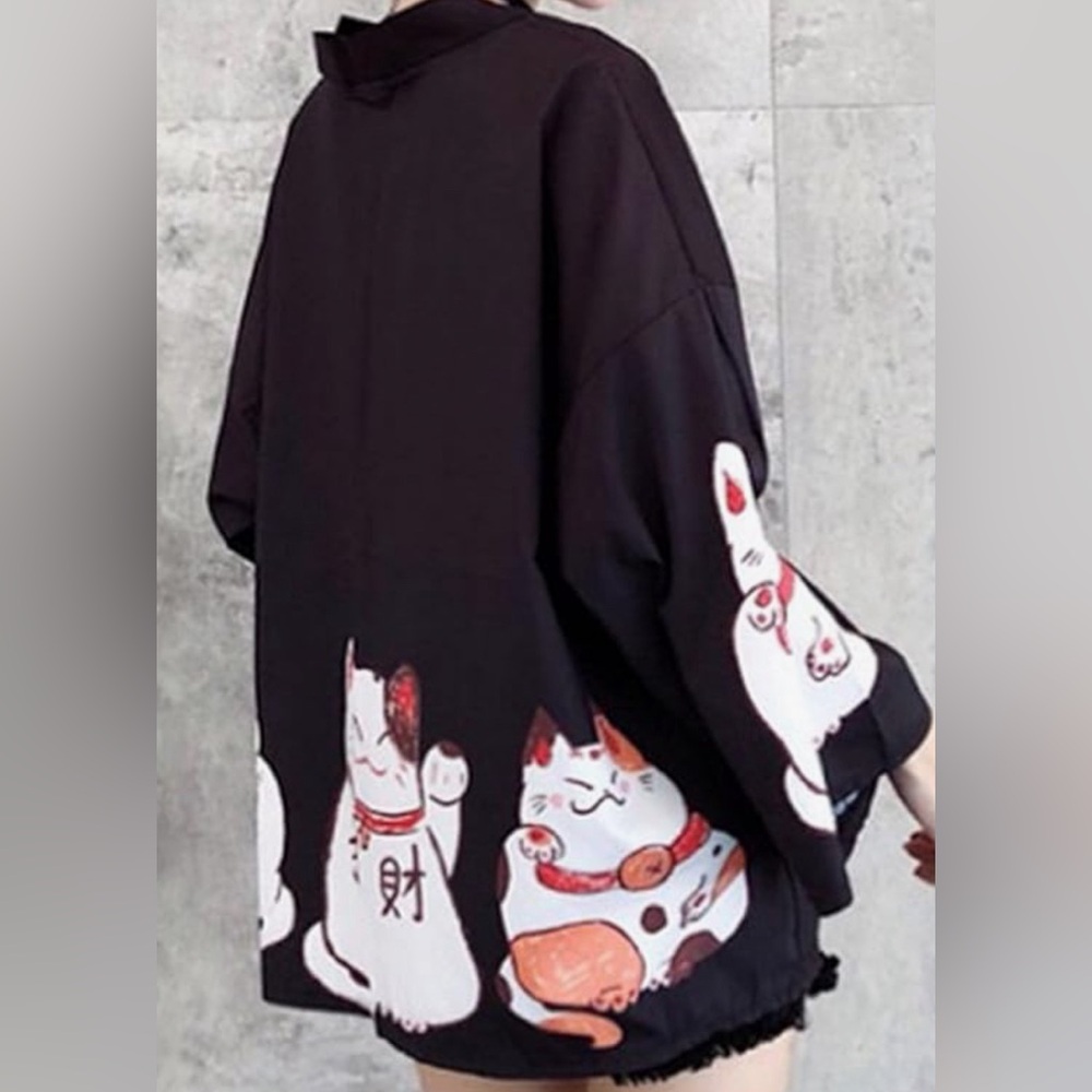 Black Lucky Cat Graphic Oversized Cardigan